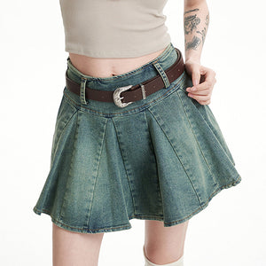 90s Grunge Pleated Denim Mini Skirt
