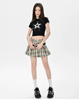 Double Belt Plaid Pleated Skirt in Green