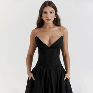 Black Plunge Corset Midi Dress