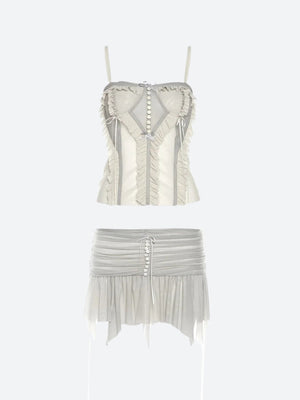 Fairycore Mesh Ruffled Top & Mini Skirt Two Piece Set