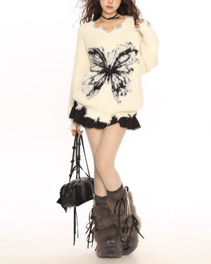 Grunge Butterfly Fuzzy Knit Sweater