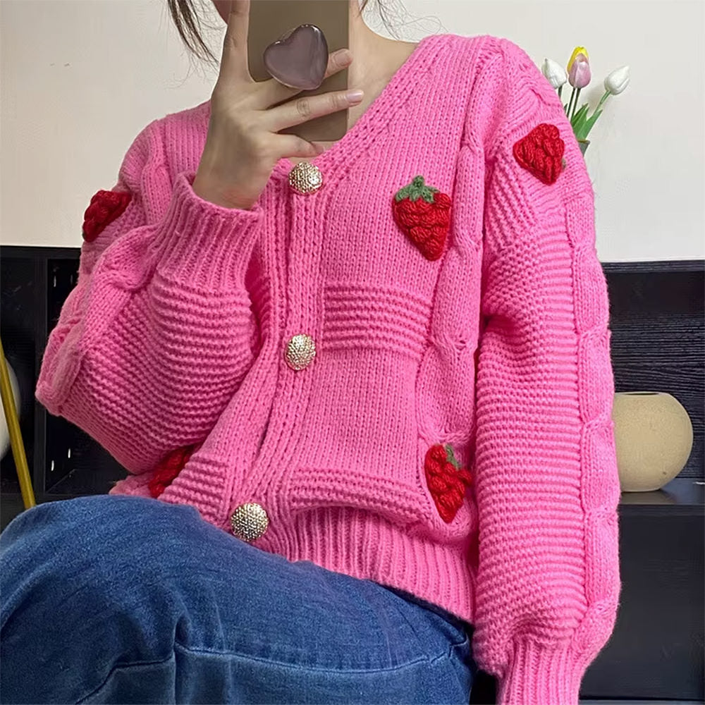 3D Strawberry Pattern Cardigan