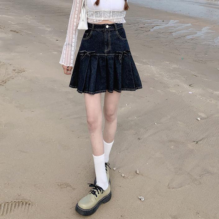 Bow Denim Pleated Skirt