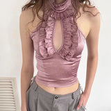 Cut Out Ruffled Halter Neck Top