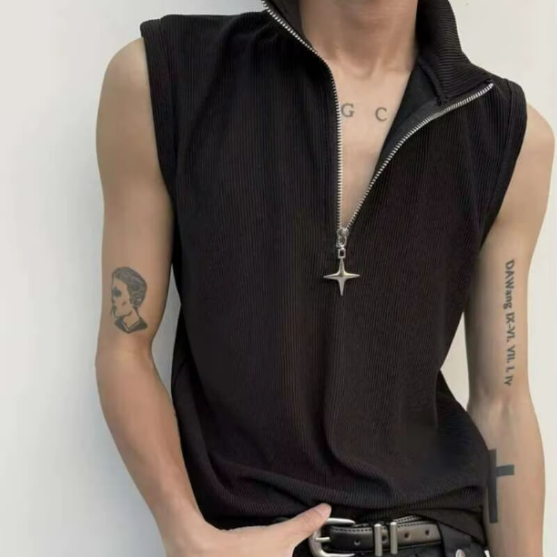 High Neck Ribbed Zip Top