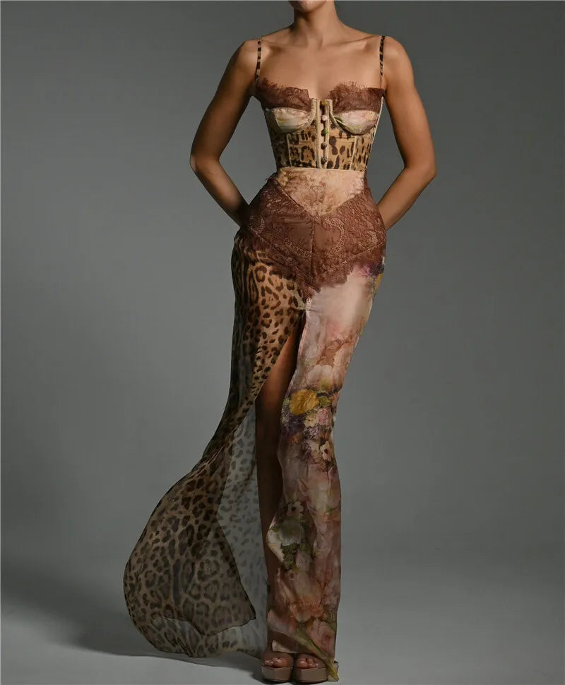 Leopard Patchwork Slit Maxi Dress