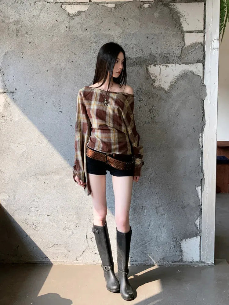 Plaid One Shoulder Top