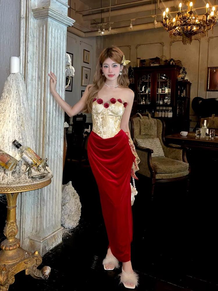 Rose Velvet Corset Midi Dress