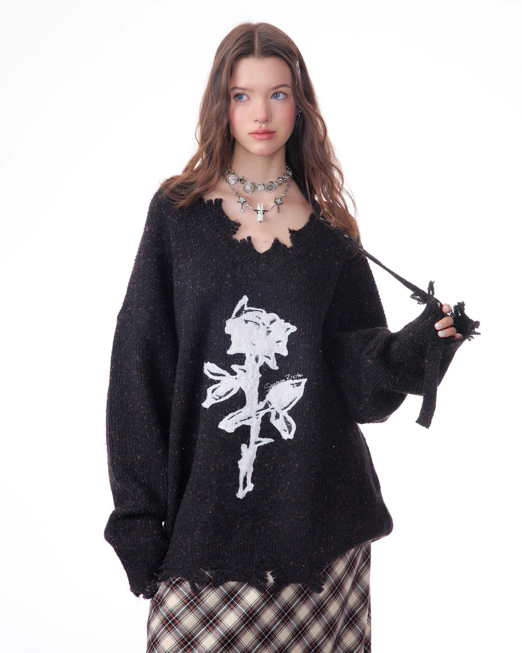 Distressed Rose Print Sweater