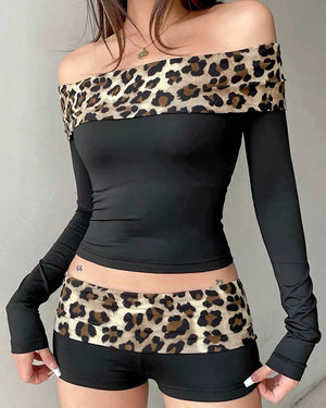 Y2K Leopard Bardot Top & Shorts Set