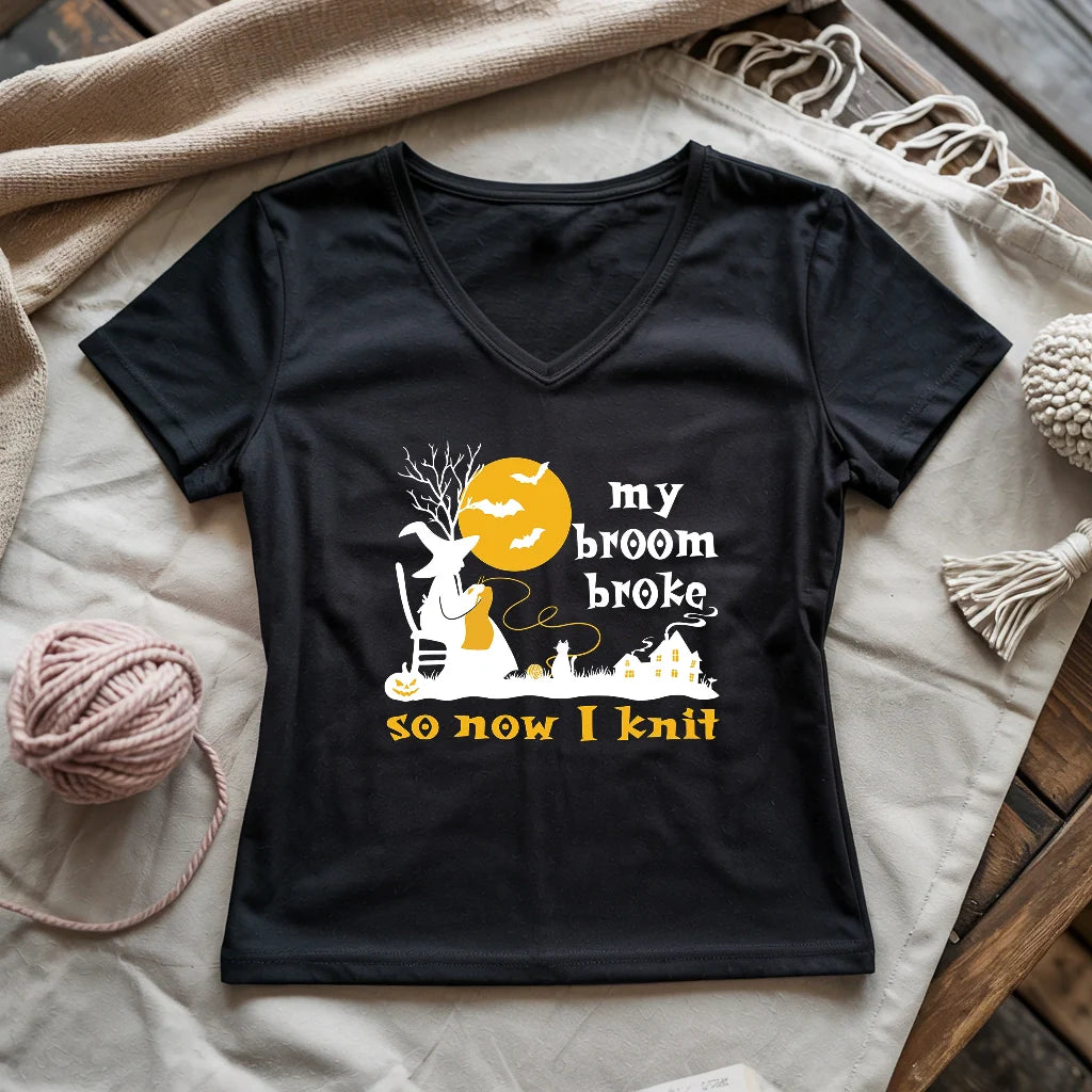Broom Broke Knitting Witch Lady V-neck