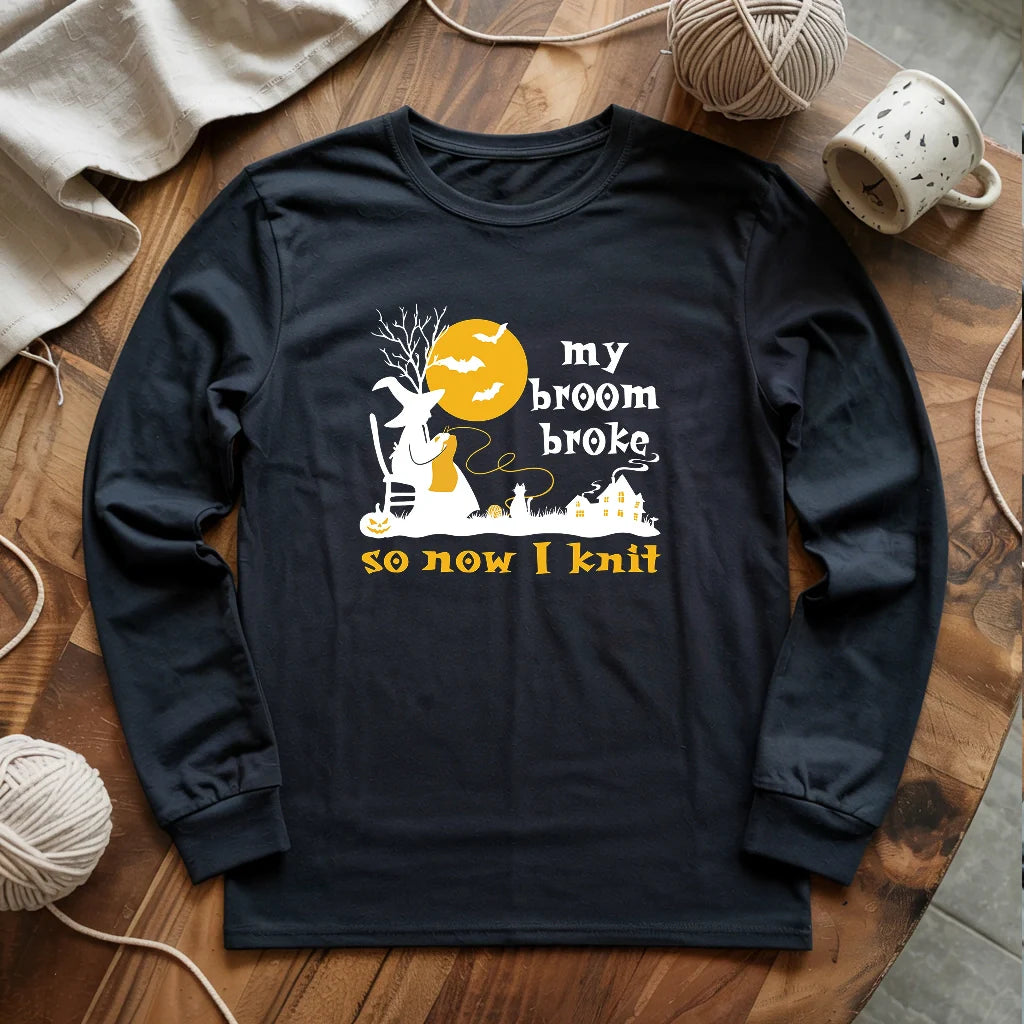 Broom Broke Knitting Witch Long Sleeve T-shirt