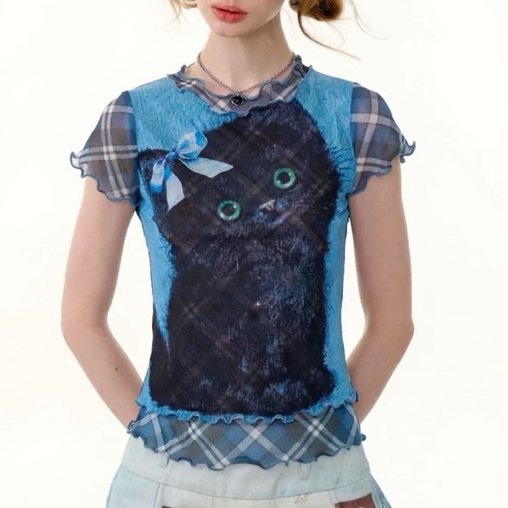 Black Kitten Print Y2K Plaid Top