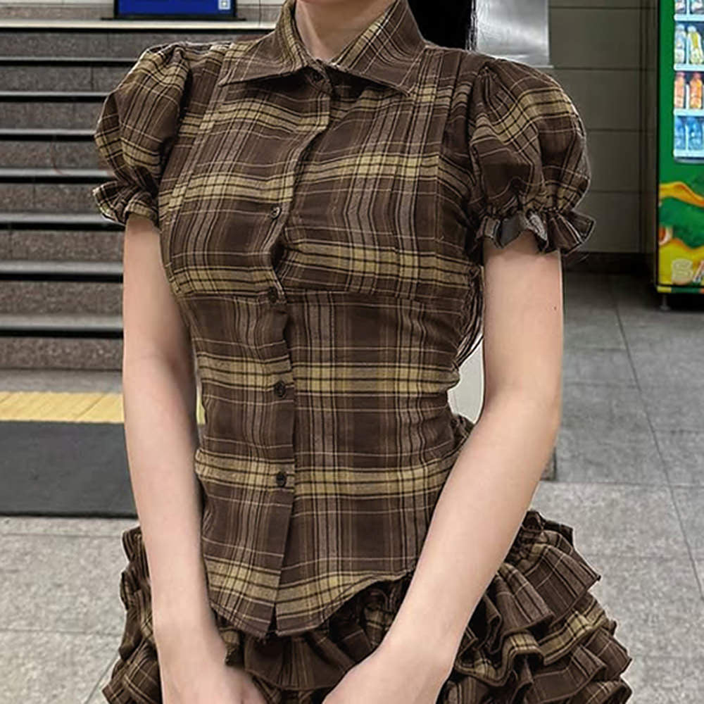 Dark Academia Puff Sleeve Plaid Shirt