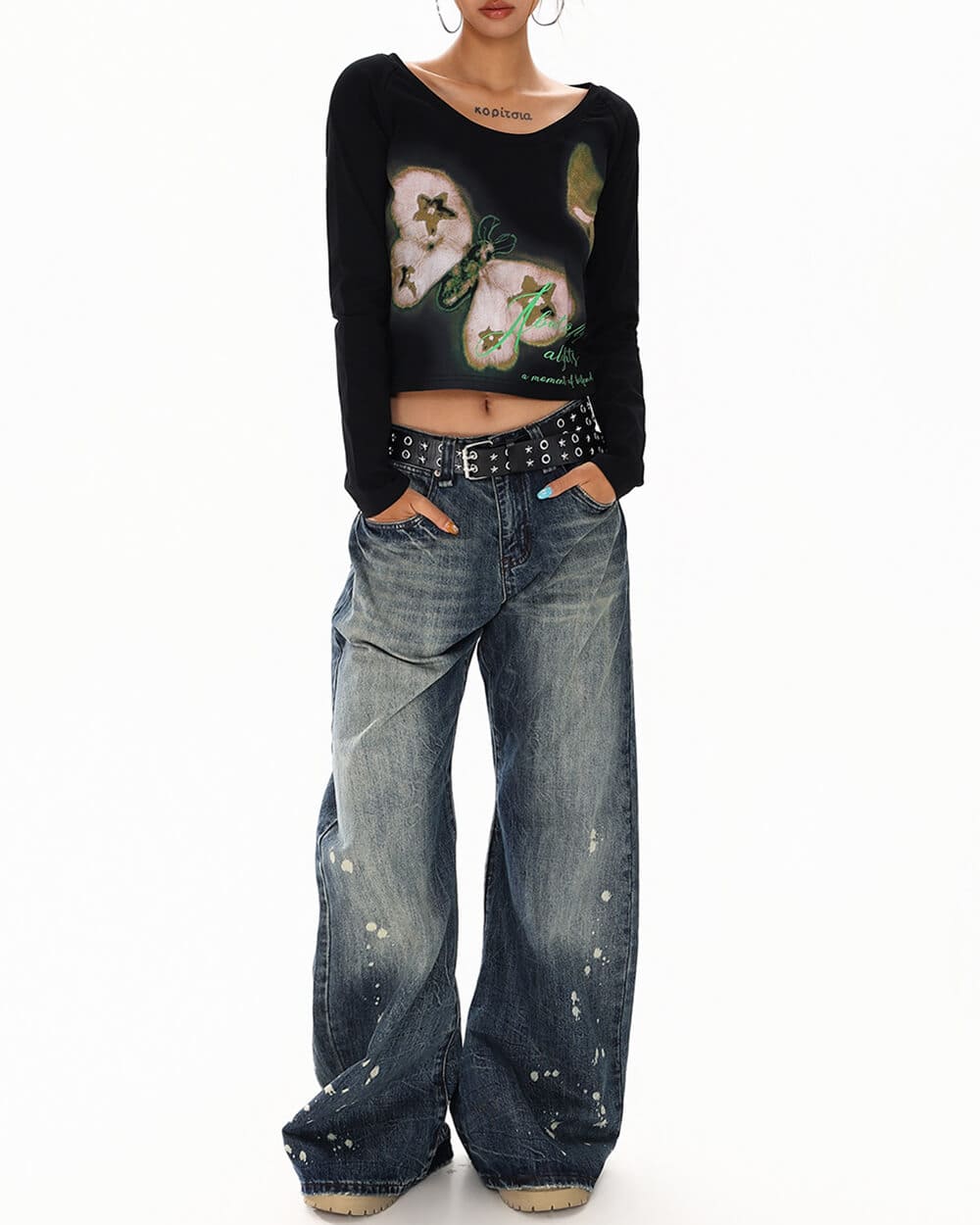 Indie Butterfly Print Long Sleeve Top