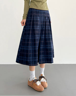 Preppy Style Plaid Pleated Midi Skirt