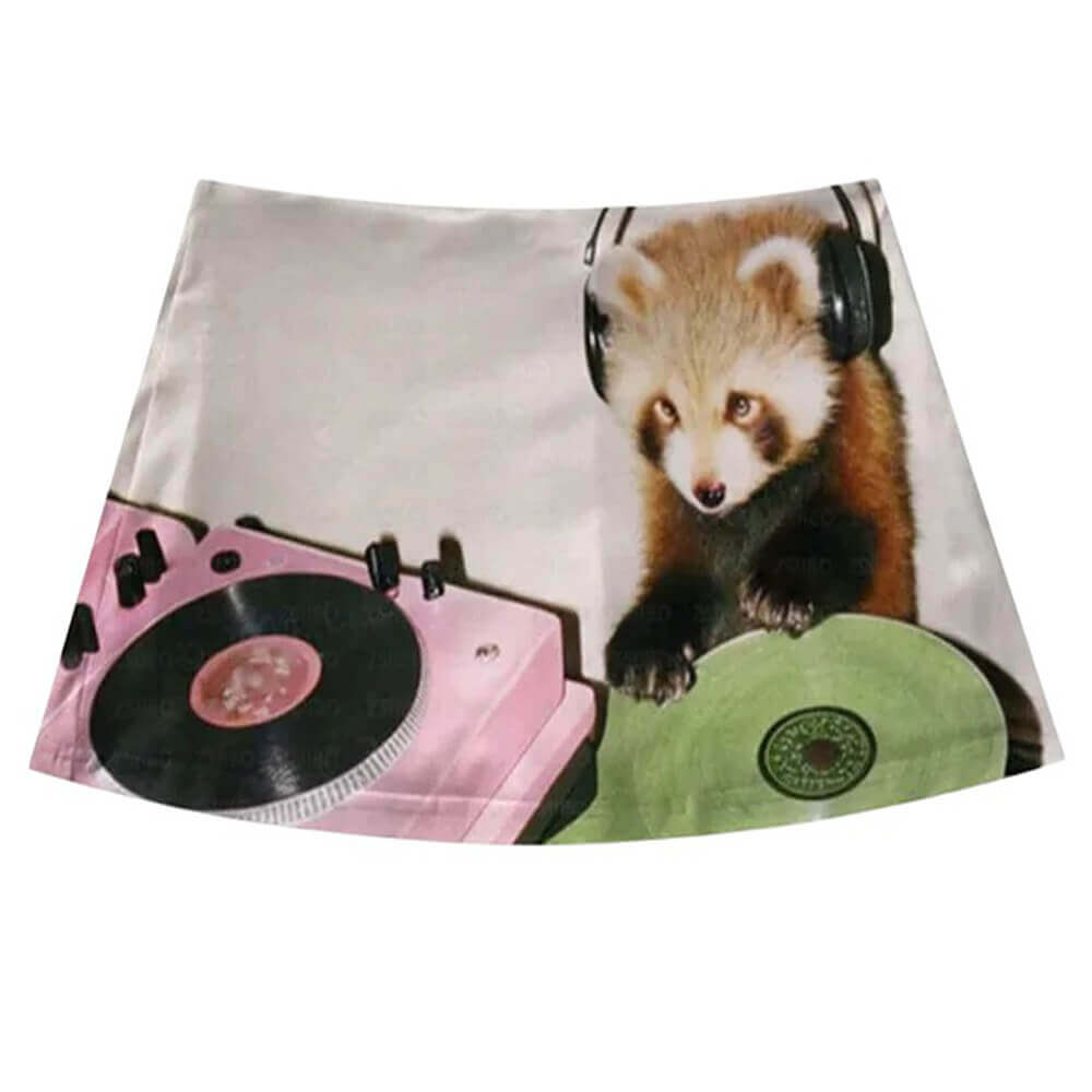 Red Panda DJ Print Y2K Mini Skirt