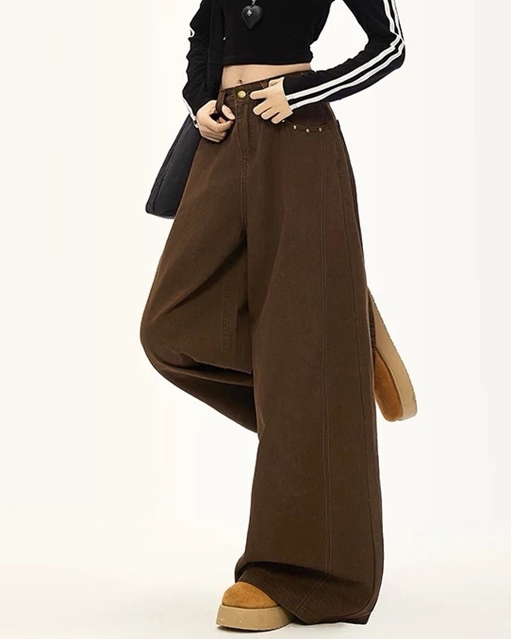 Star Pocket Wide-Leg Brown Pants