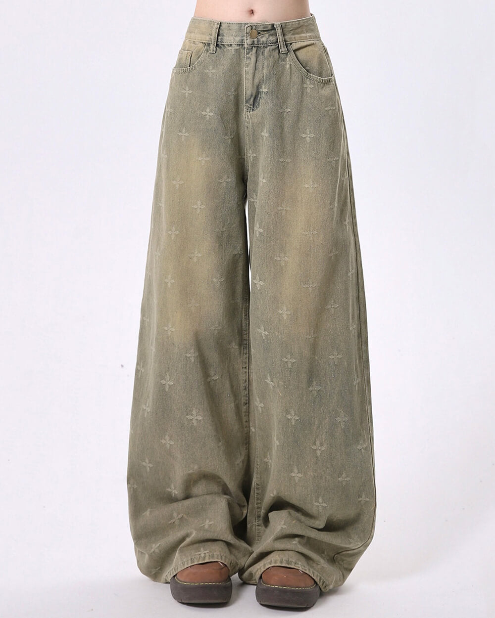 Washed Cross Print Wide Leg Jeans