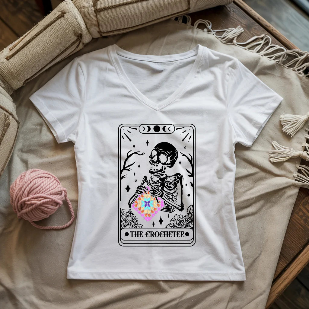 Skeleton Crocheter Tarot Lady V-neck