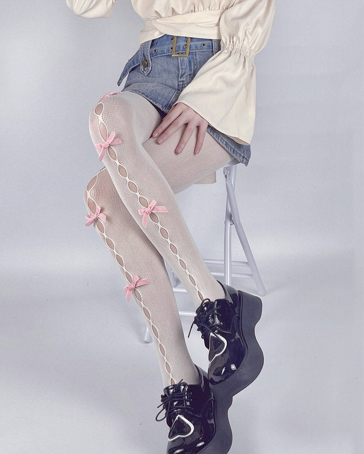 White & Pink Bow Tights