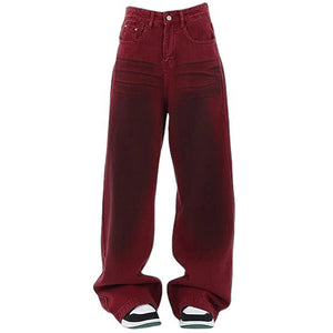 Wine Red Faded Wide Leg Jeans