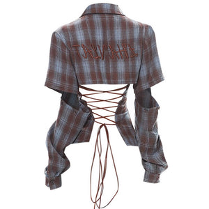 Y2K Western Lace-Up Backless Plaid Shirt